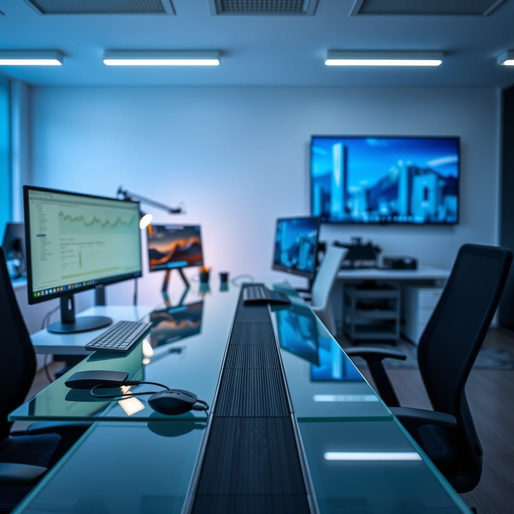 Rear view of a glass desk with a matte cable raceway and freestanding cable spine routed along the floor