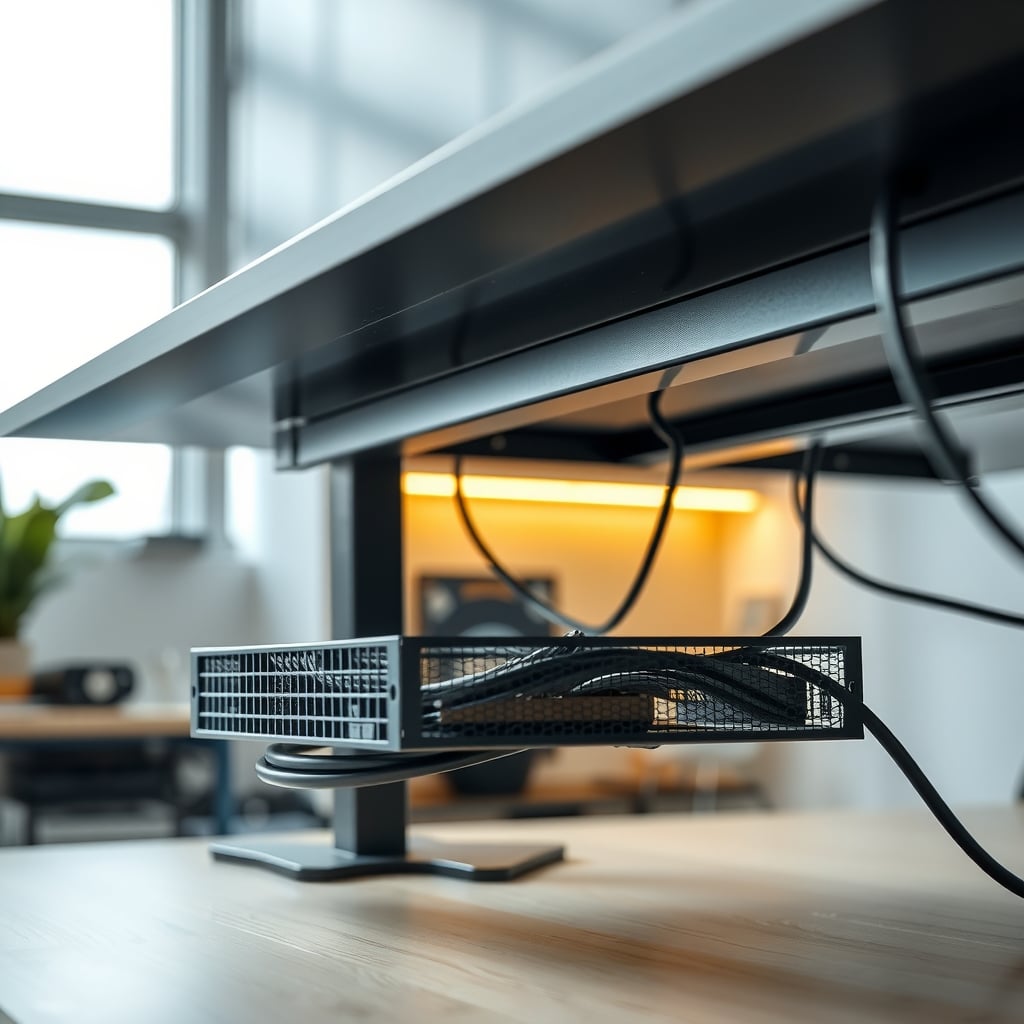 Slotted under-desk cable tray clamped to a steel desk cross rail with a power brick resting at an angle