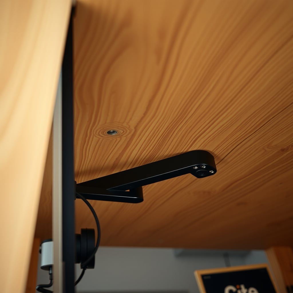 Underside view of a desk showing a timber stiffening rib and a monitor arm clamp with plywood reinforcement plates