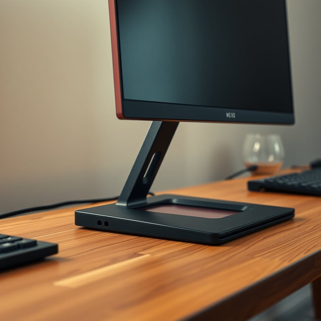 Monitor stand base sitting near the front edge of a thin light wood desk top