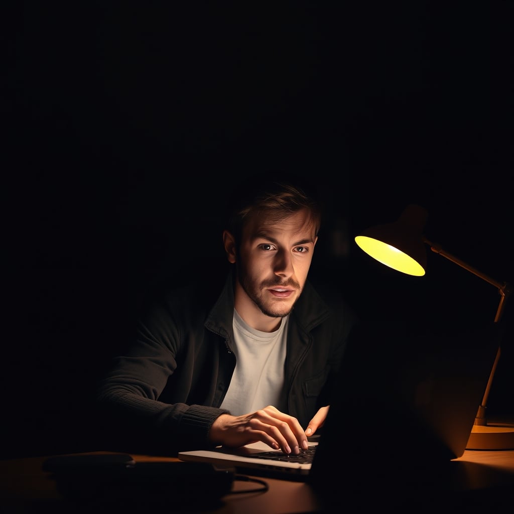 Person struggling with eye strain under a warm, cozy desk lamp, highlighting the poor task illumination.