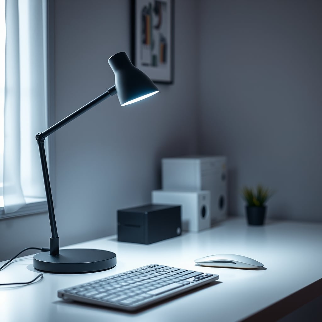 A well-lit workstation with a tunable LED lamp providing clean, high-contrast light for task work.