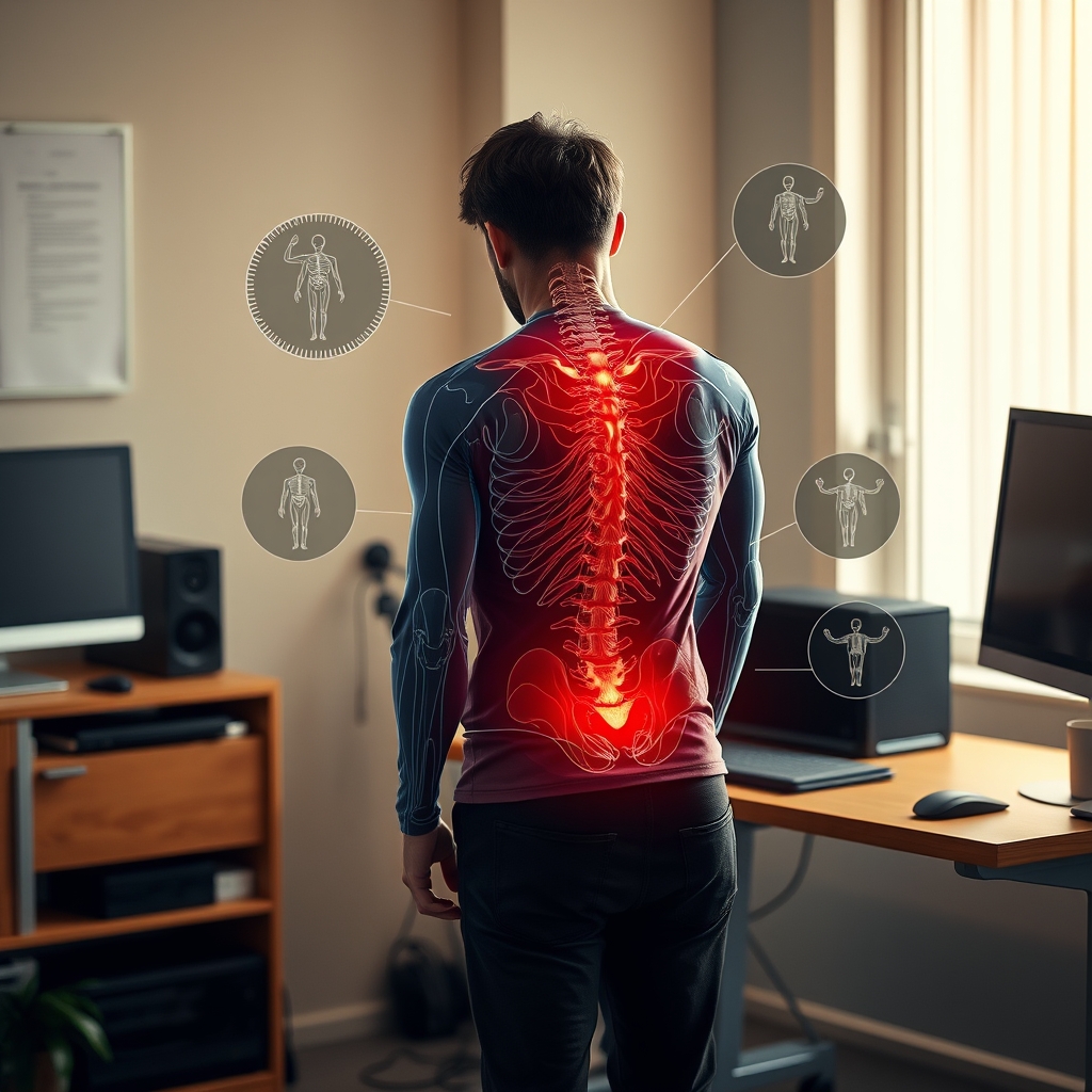 Diagram illustrating lower back and foot strain from static standing at a desk