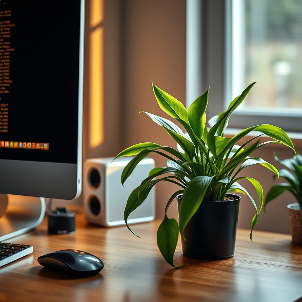 A small collection of healthy plants including a ZZ, Snake plant, and Pothos positioned away from a large computer monitor on a wooden desk.