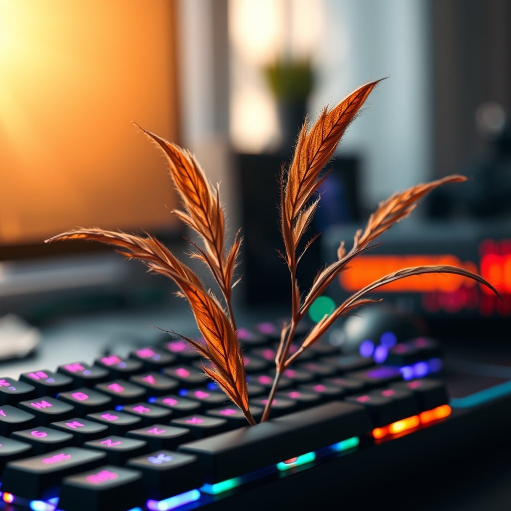 A close-up of a dead ZZ plant with brown, wilted leaves sitting on a cluttered desk with a gaming keyboard and monitor in the background.
