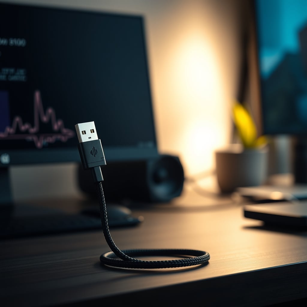 Comparison image: a short, thick, high-quality USB cable next to a long, thin, cheap USB cable.