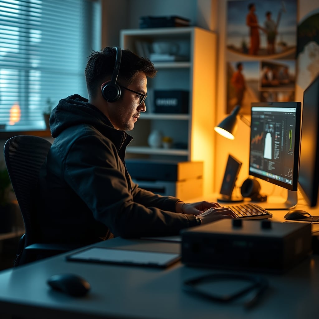 A person at a desk with a single poor overhead light, resulting in a grainy, dark camera image on their monitor.