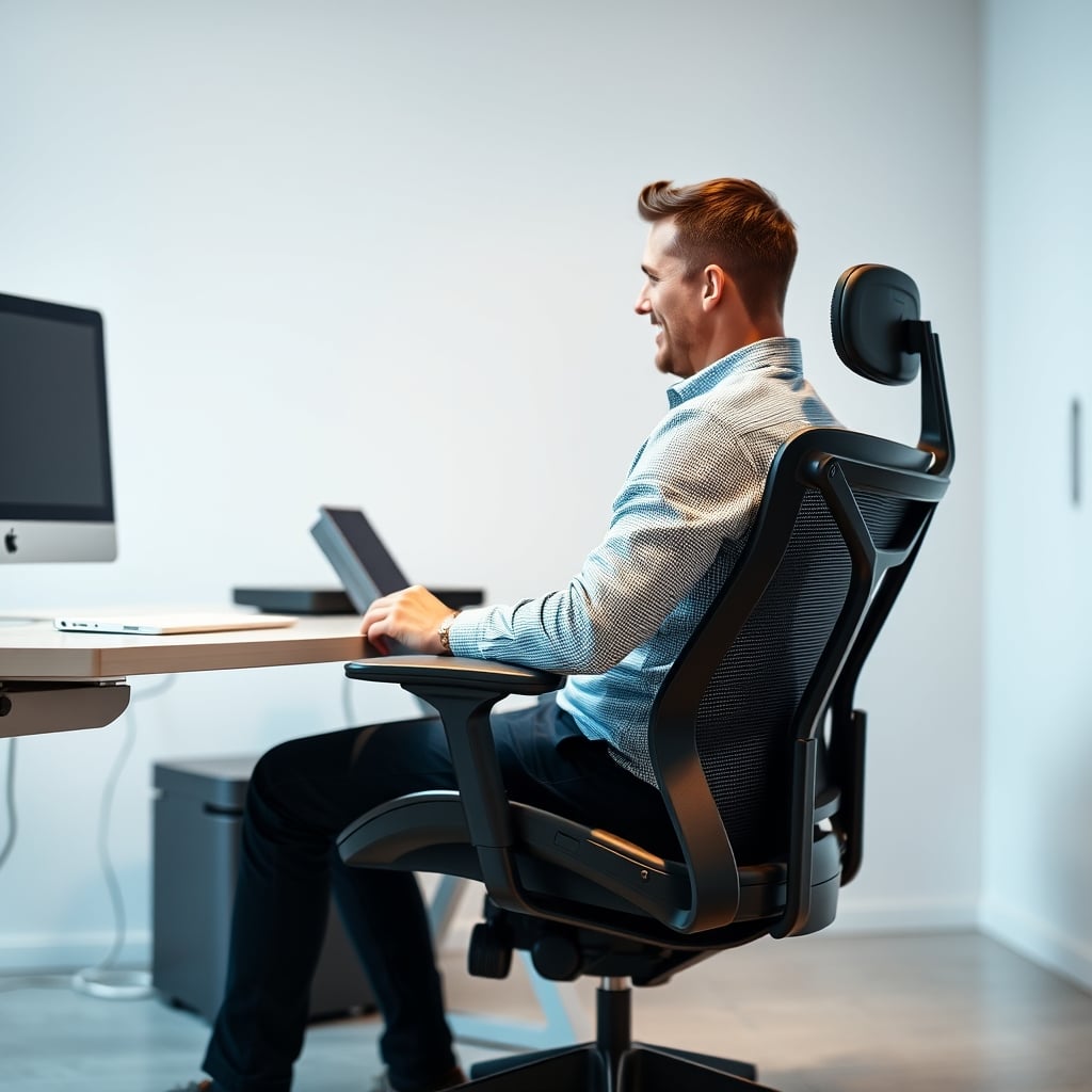 Person dynamically shifting and reclining in an ergonomic office chair, showing healthy movement during work.