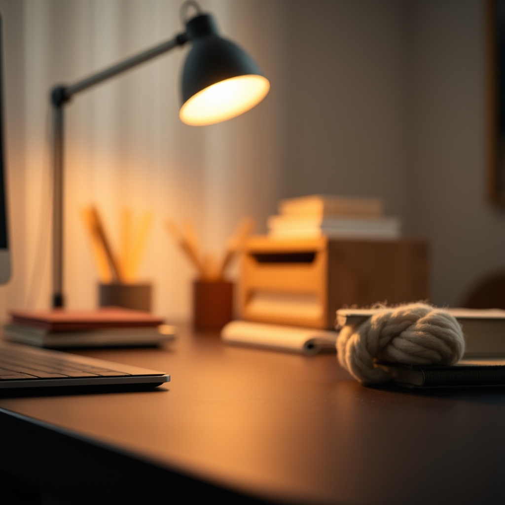 A serene and productive workspace featuring high-quality, high-CRI lighting that highlights the natural textures of wood and fabric.