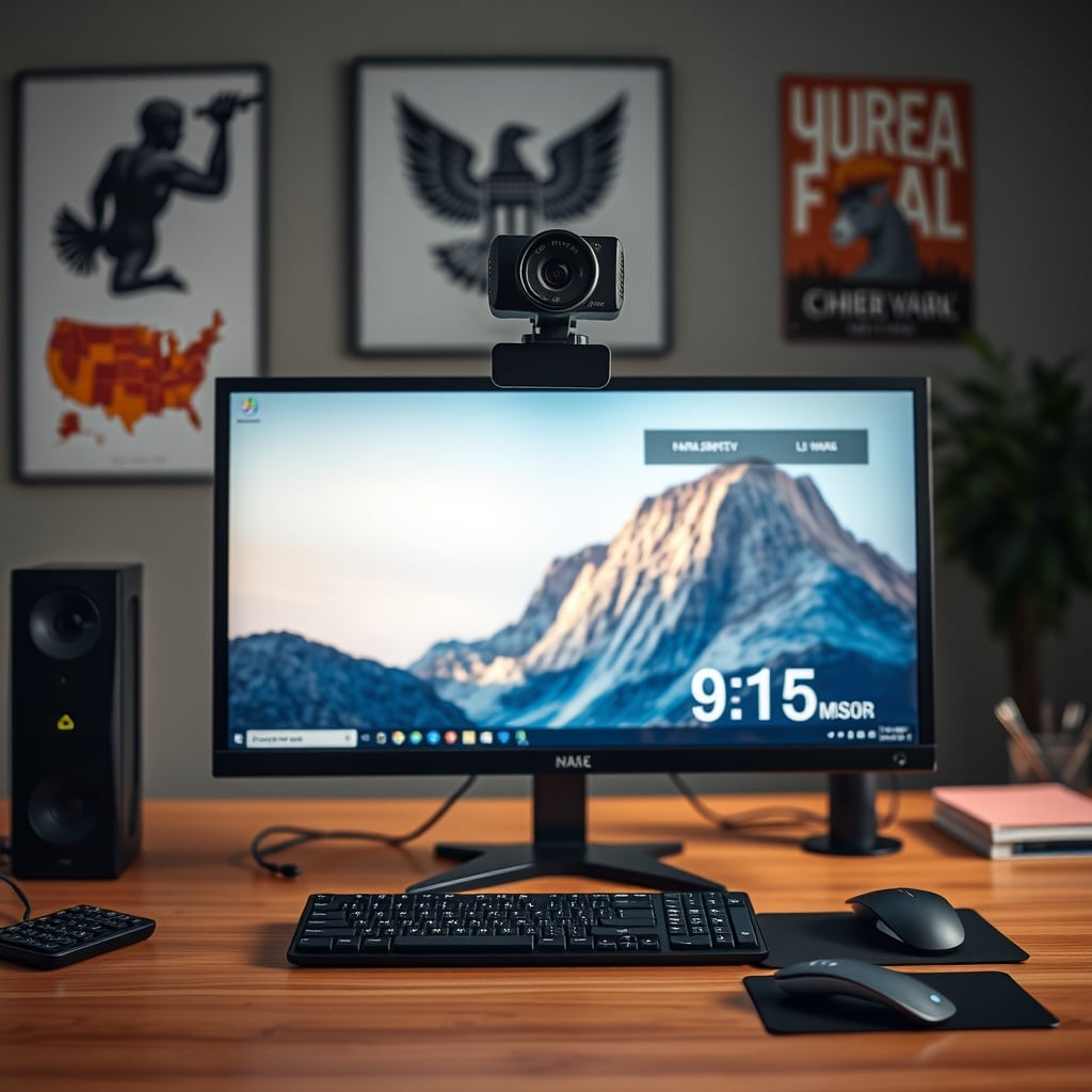 A webcam clipped to the top of a monitor so the lens sits at roughly eye level