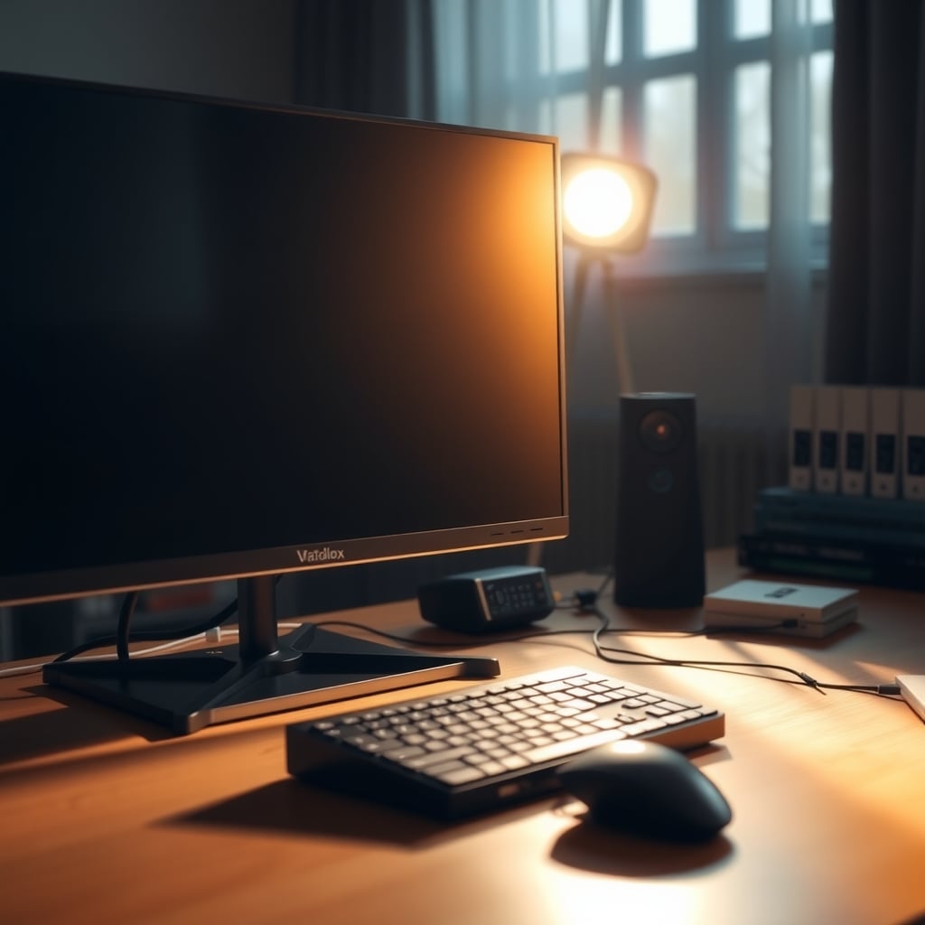 A diffused key light positioned off-axis beside a monitor, creating soft even lighting without hard shadows