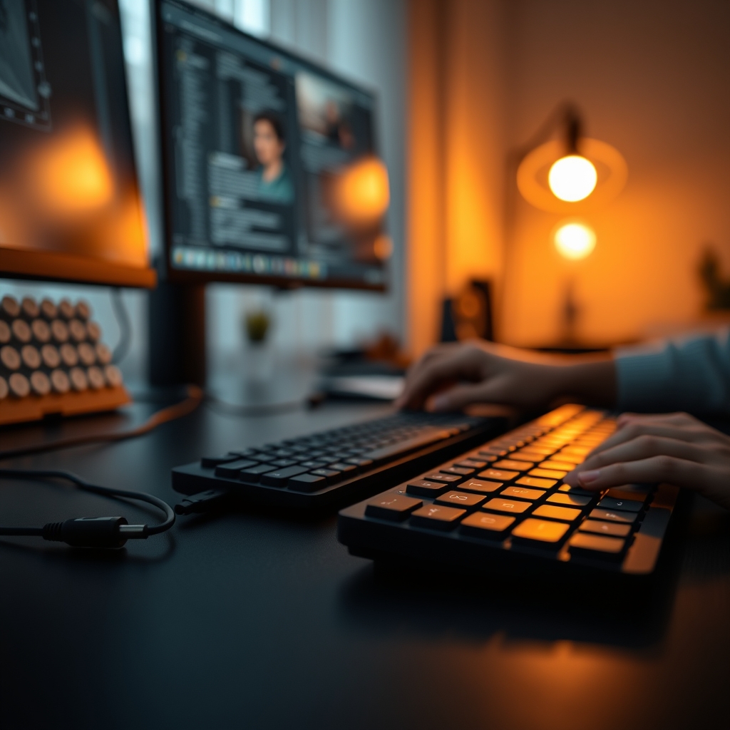 A serene home office setup featuring a quiet keyboard, designed for deep work and enhanced productivity
