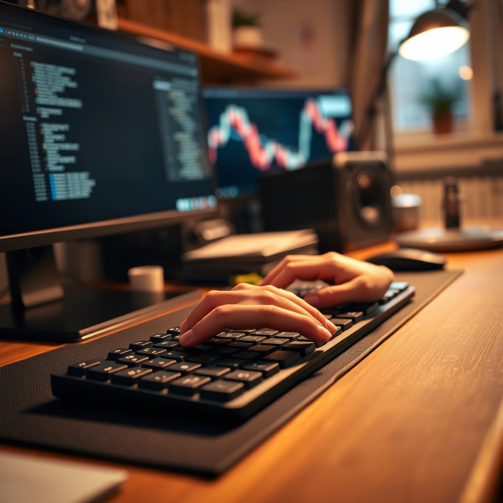 A person typing on a keyboard in a normal, slightly cluttered home office environment with monitor glow and ambient light.