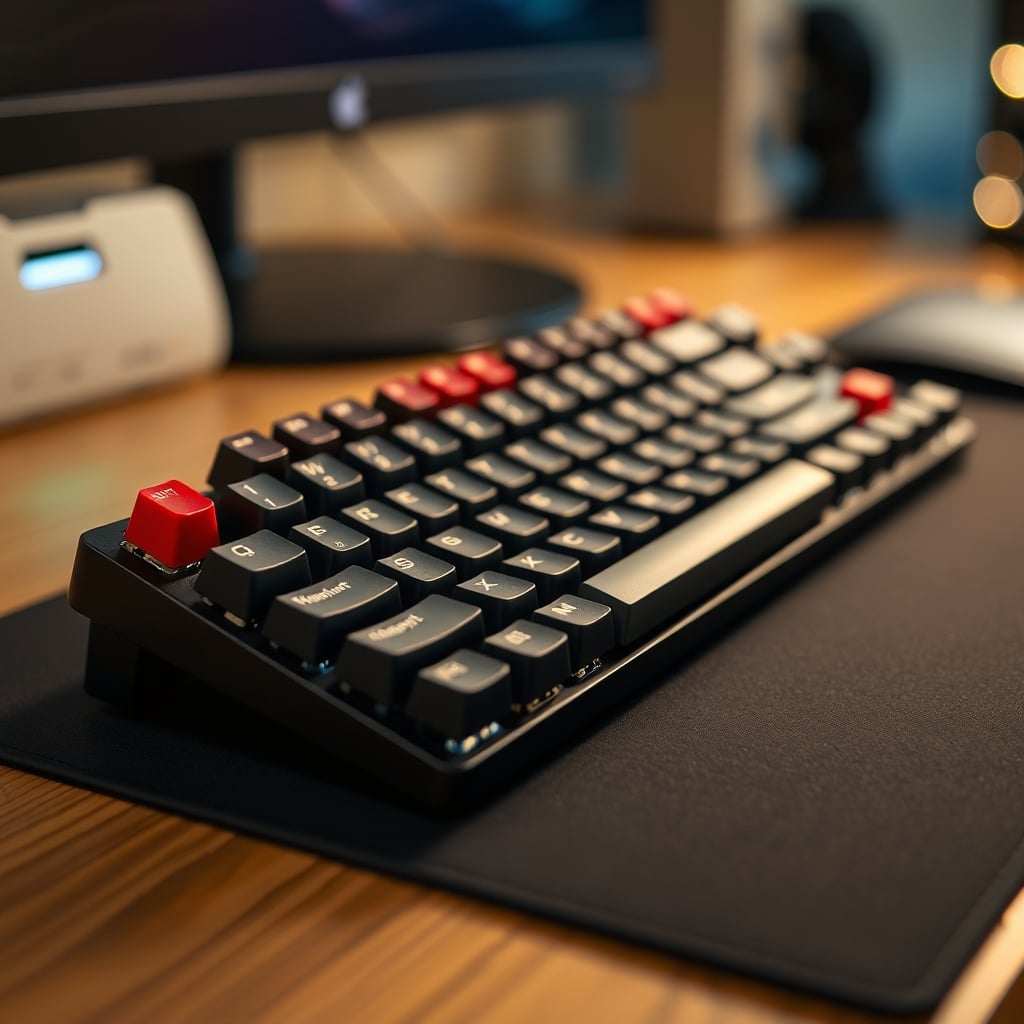 All components of a mechanical keyboard disassembled and laid out: switches, keycaps, PCB, plate, case, stabilizers, and foam.