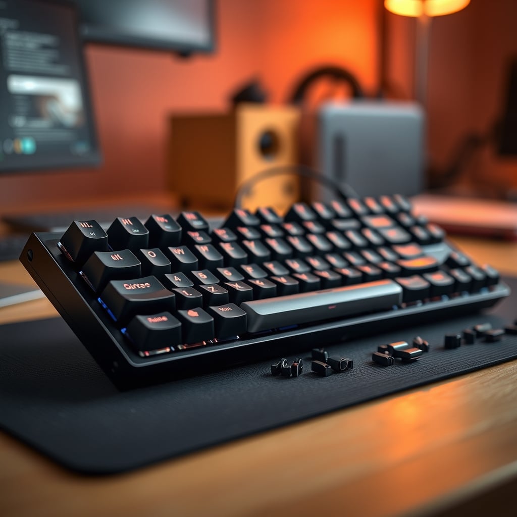 A hot-swappable mechanical keyboard with a switch being pulled out
