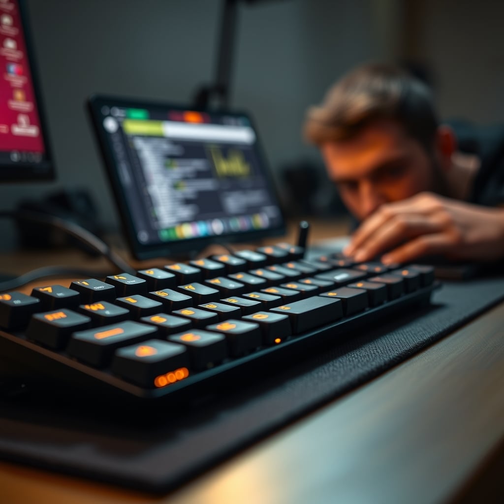 A person looking confused while pressing switches on a small keyboard switch tester