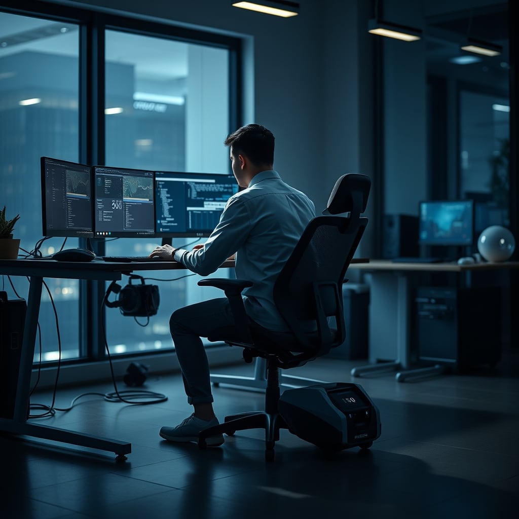 Person sitting on a kneeling chair at a desk