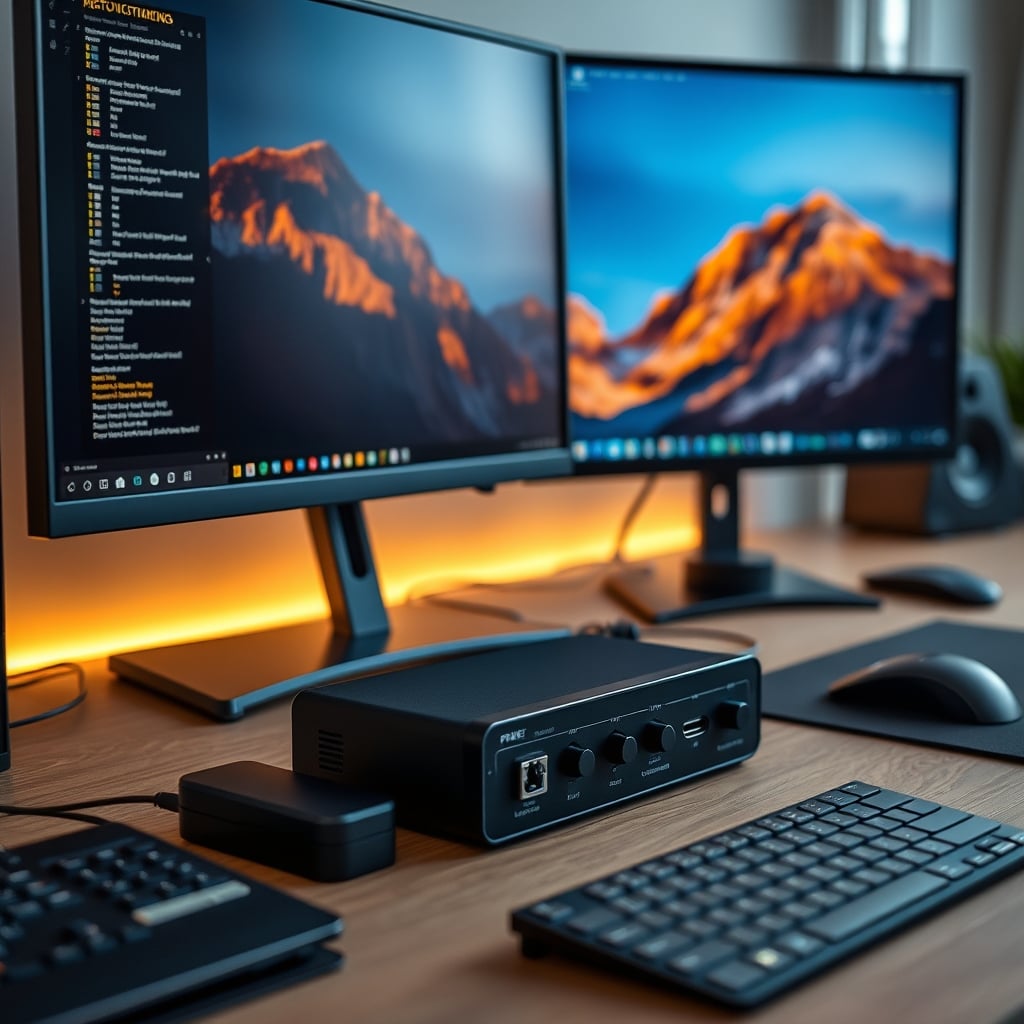 Clean desk setup using a docking station and monitor input switching instead of a KVM