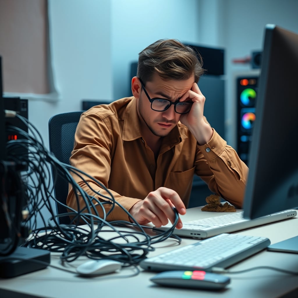 Person frustrated at desk with tangled cables from a hot KVM switch