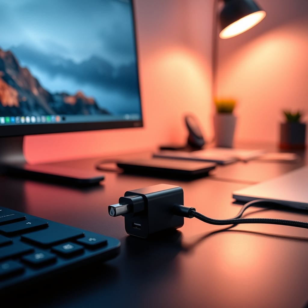 Close-up of a USB-C cable connected to a laptop charger