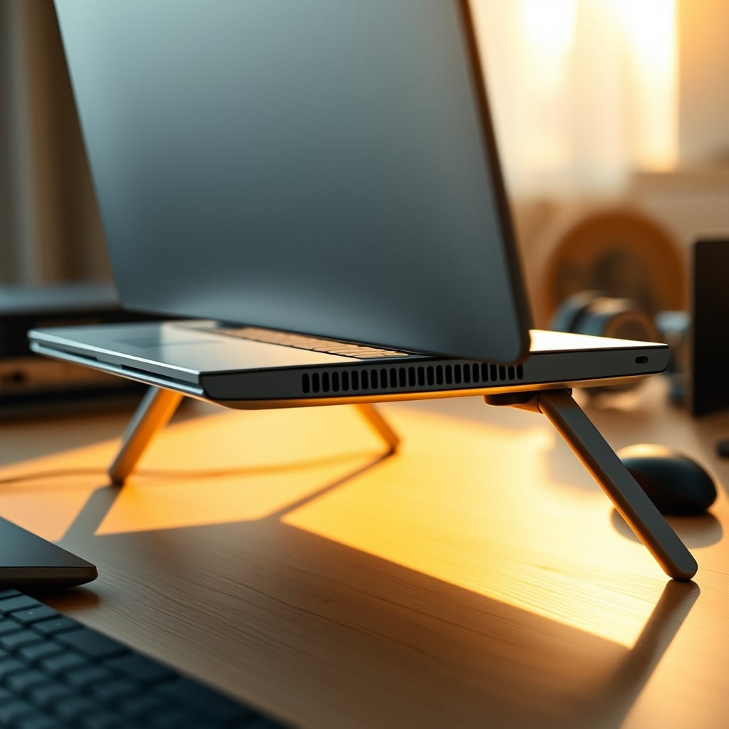Close-up of a laptop's bottom air intake vents completely covered by a solid aluminum stand