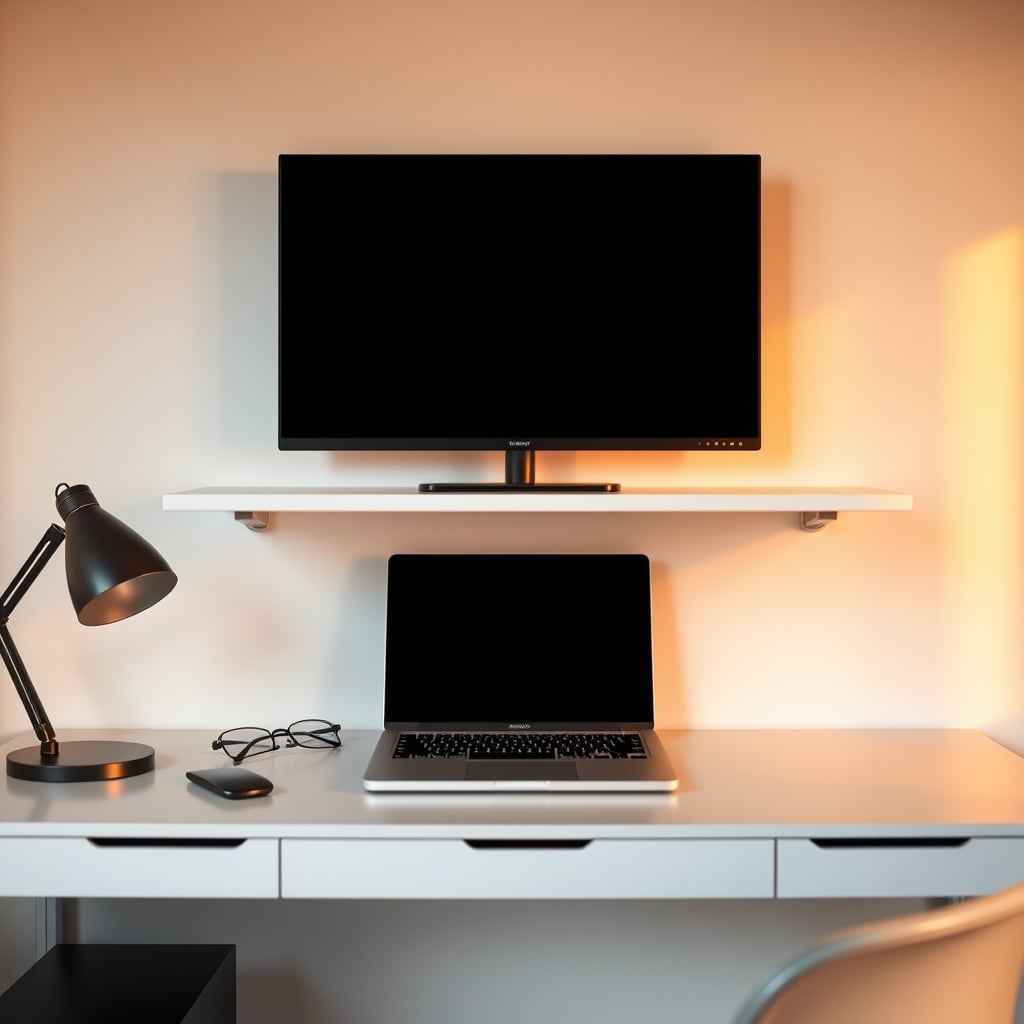 A clean, small desk with a laptop sitting flat and a monitor on a riser shelf above it