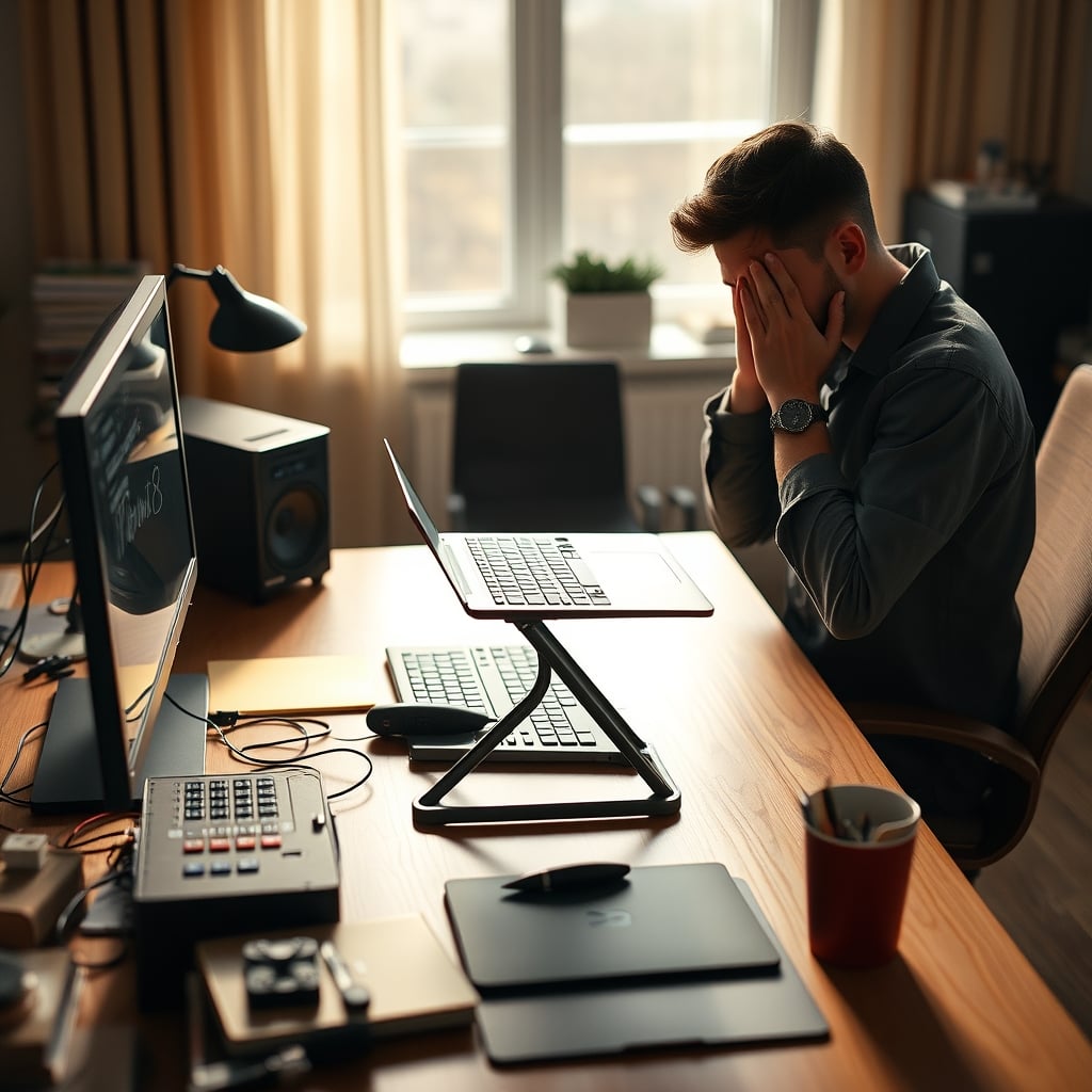 Person frustrated by a wobbly laptop stand on a small, messy desk