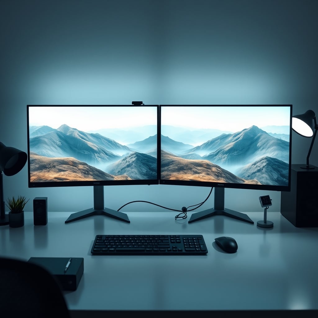 A clean, organized dual-monitor setup contrasted with a messy, single massive ultrawide monitor setup.