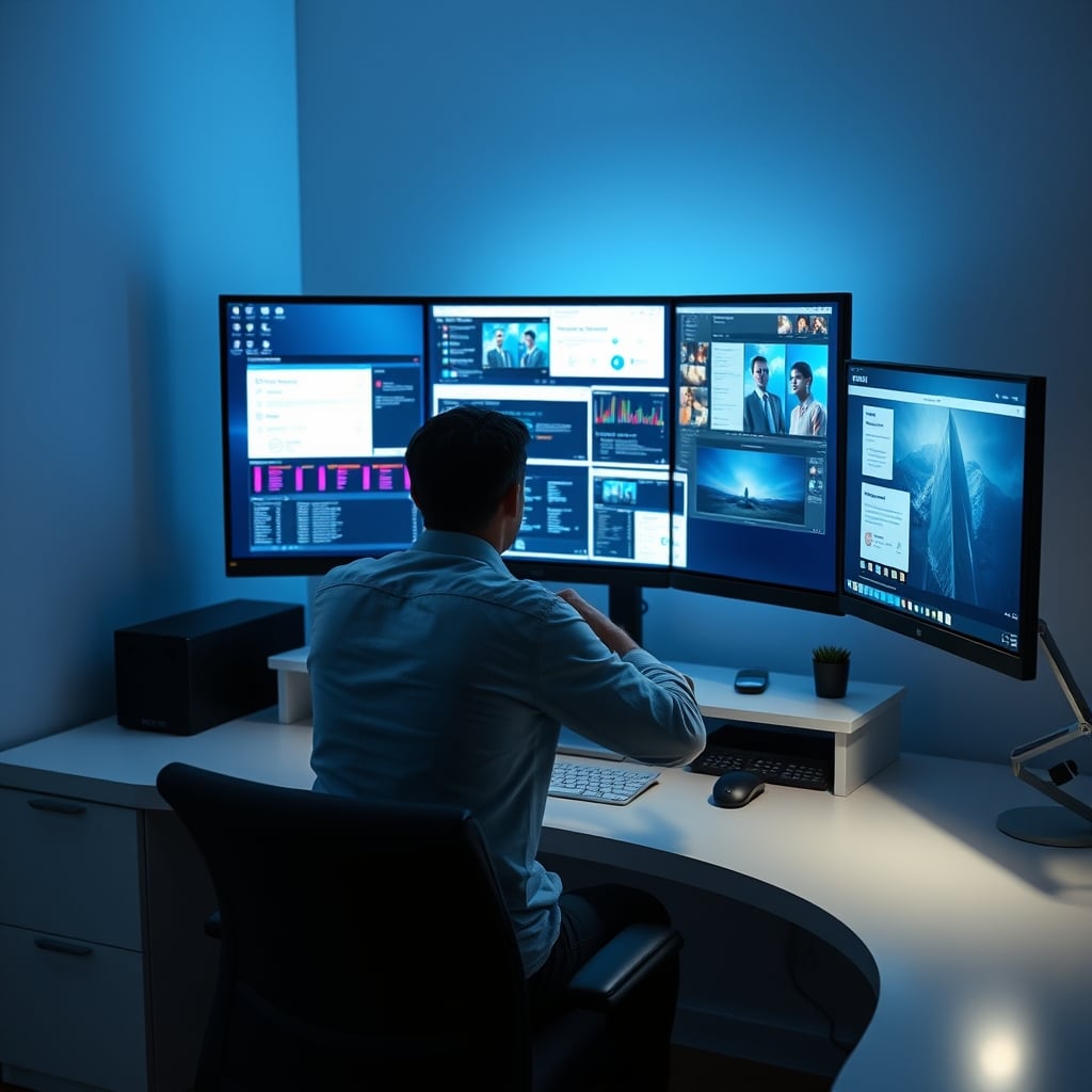 A user looking stressed and overwhelmed by a chaotic array of open windows on a massive ultrawide monitor.