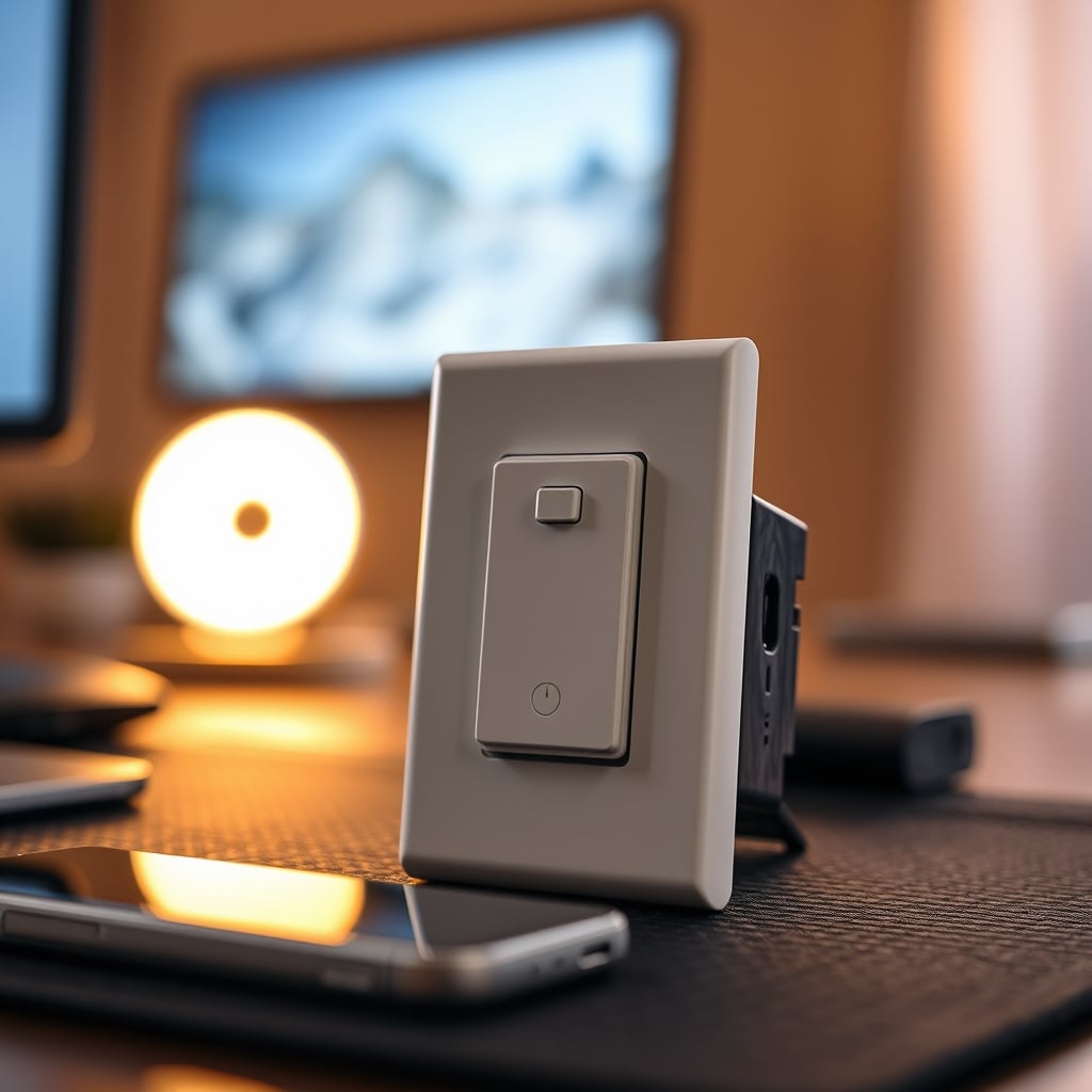 A sleek smart wall switch panel on a wall, controlling a circuit of standard, non-smart LED ceiling lights above a clean desk.