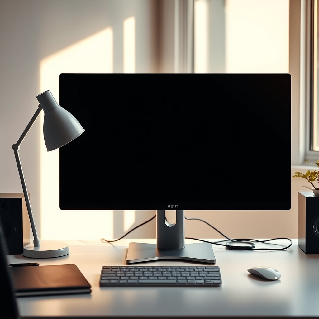 A clean, focused desk setup featuring subtle warm white bias lighting behind the monitor and a single, high-quality task lamp.