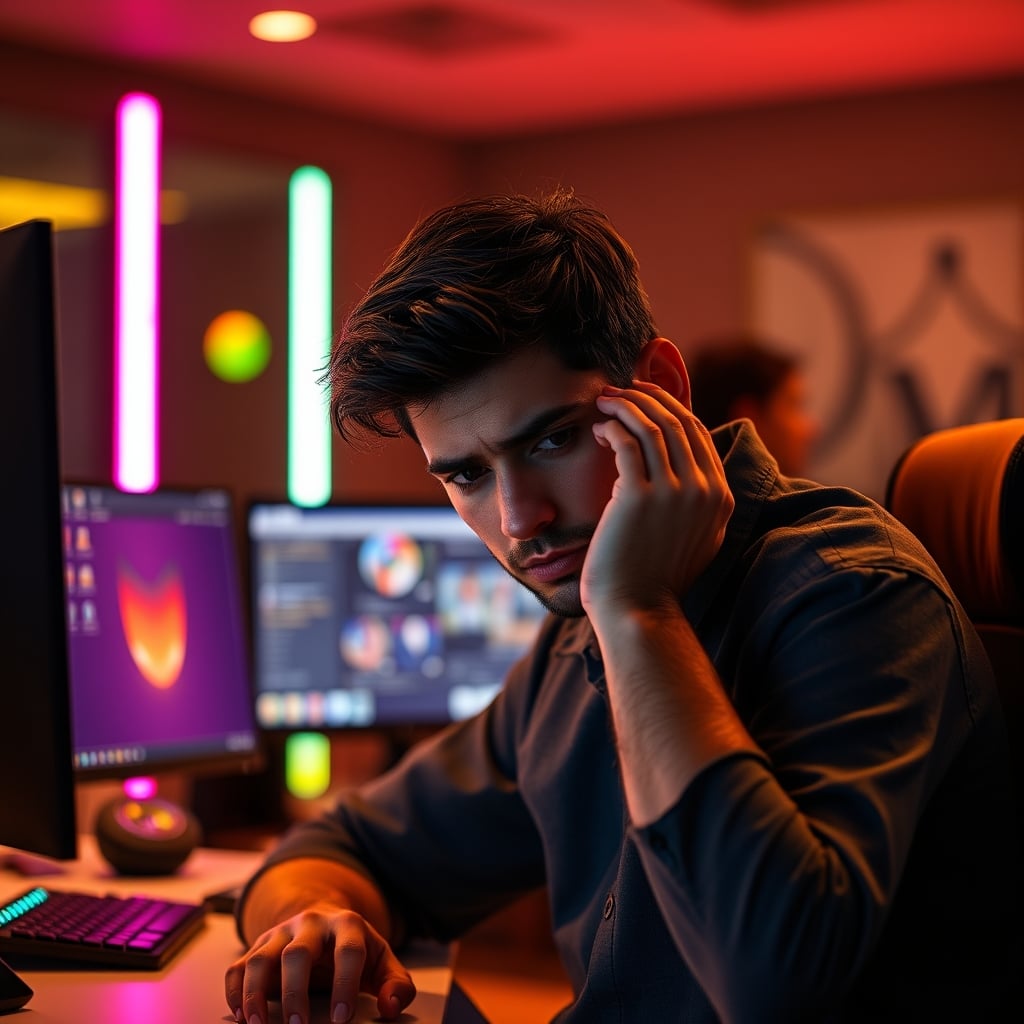 A person looks unimpressed at their desk, surrounded by the colorful glow of LED strips that promised circadian benefits but delivered only aesthetic light.