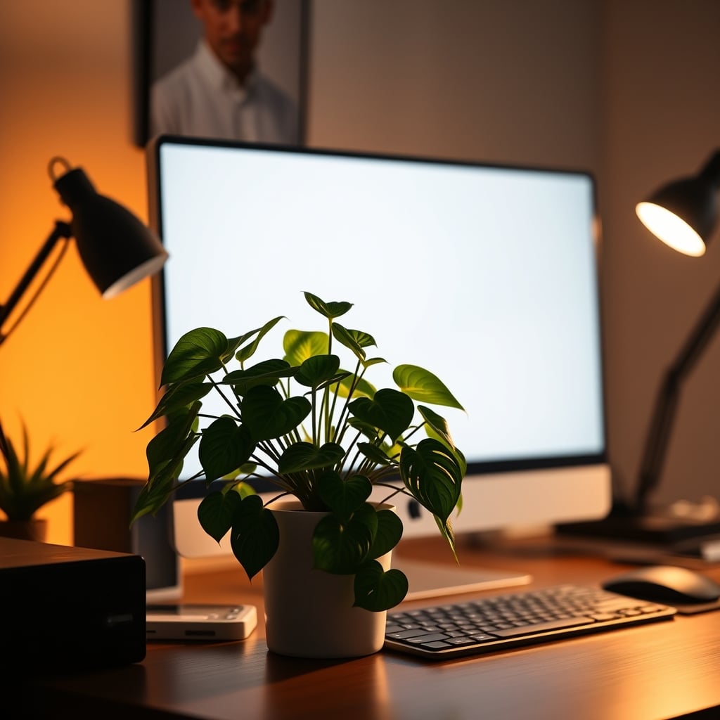 Golden pothos plant sitting on a wooden desk next to a monitor, with warm ambient light