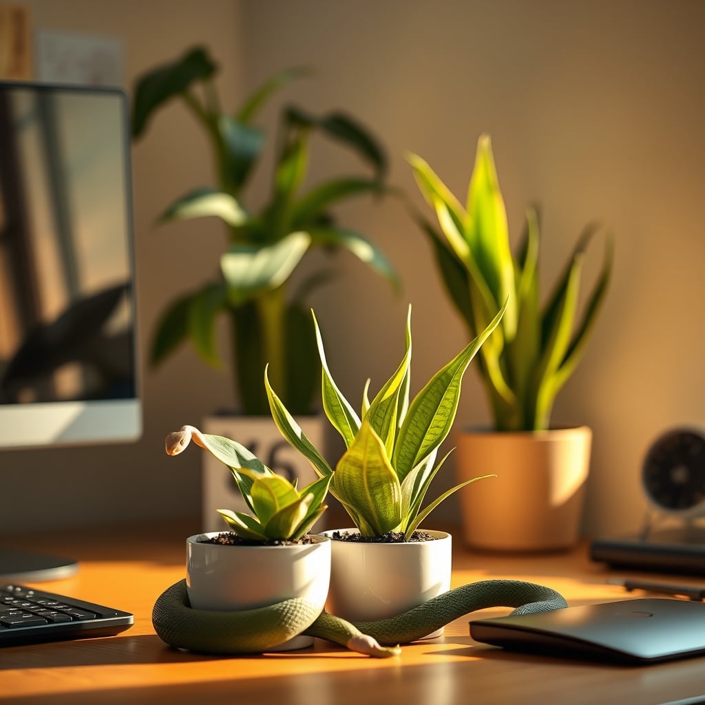 Snake plant and ZZ plant in ceramic pots on a modern desk with a laptop