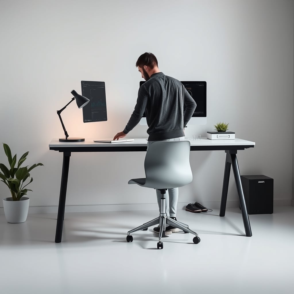 A person in a home office alternating between a standing position and a simple chair.
