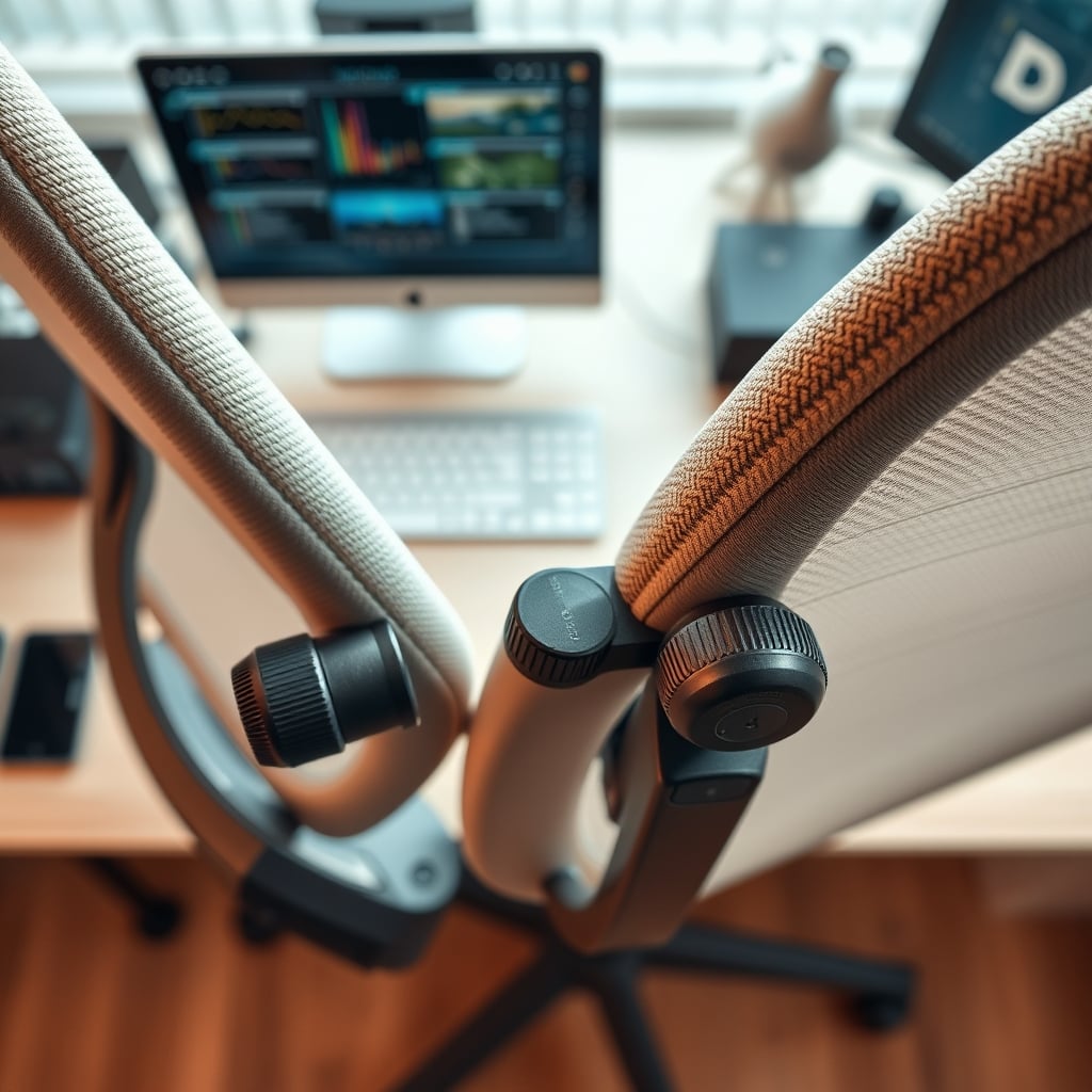 Close-up view of over-engineered lumbar adjustment controls on an expensive chair.