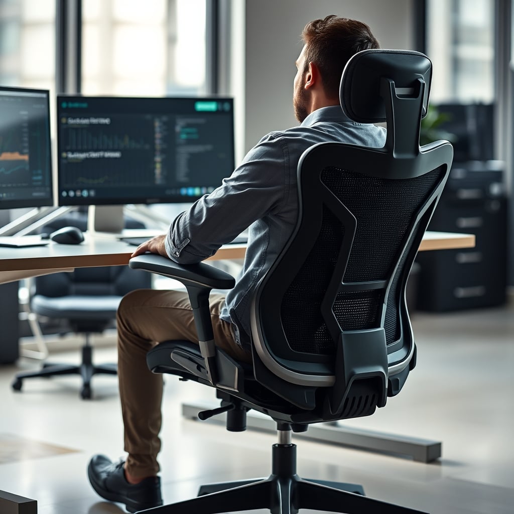 Person demonstrating poor posture even in a chair with prominent lumbar support.