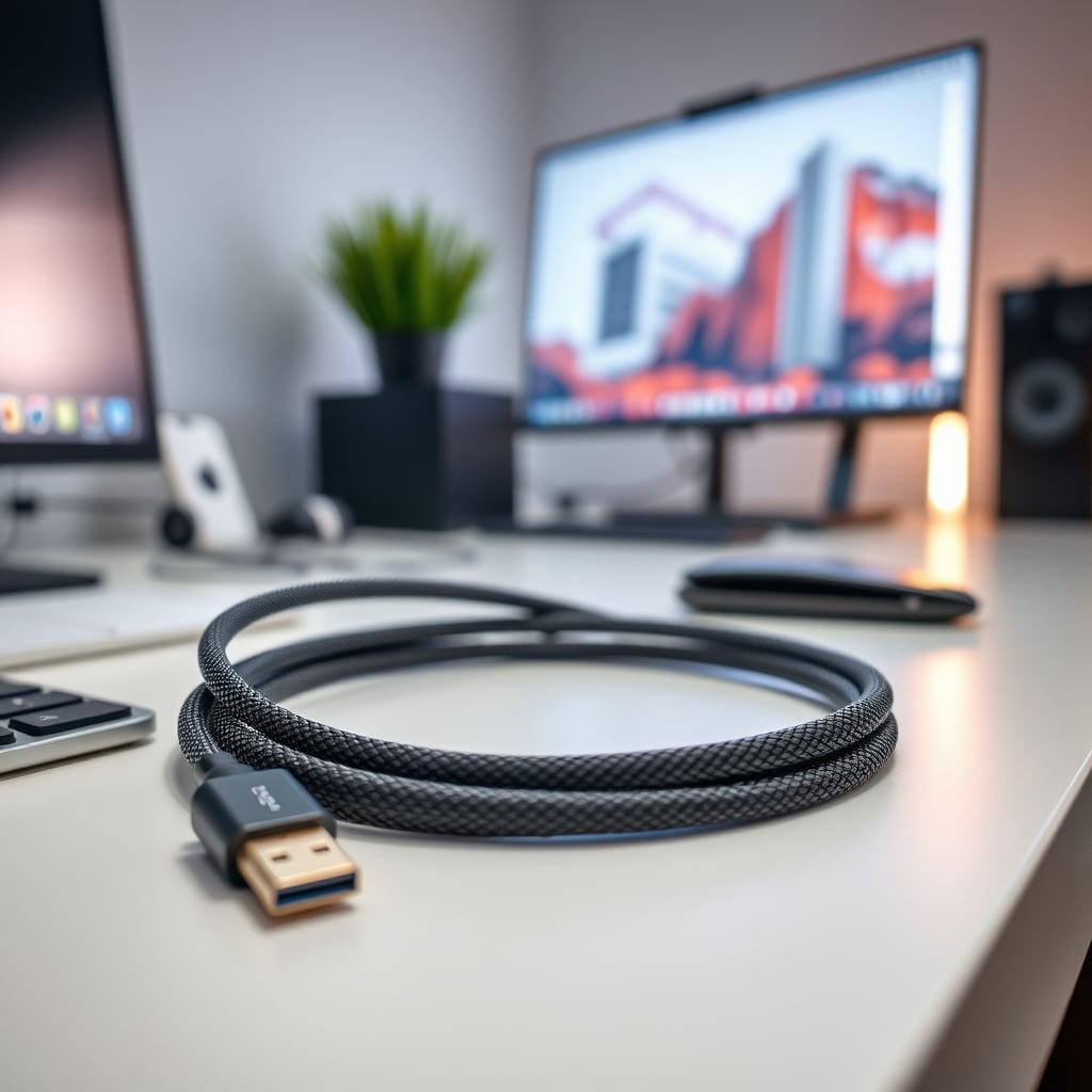 A single, thick, coiled USB-C cable neatly anchored to a clean desk.