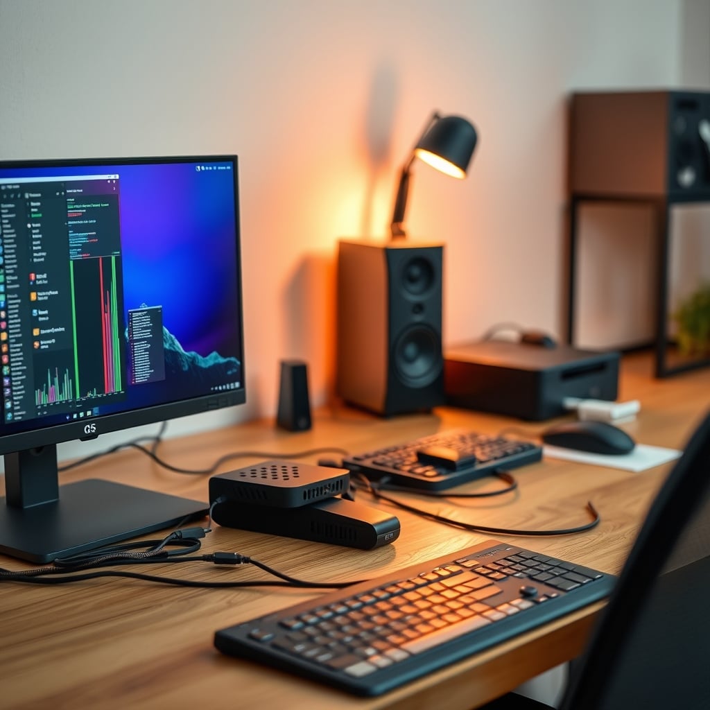 A clean, organized under-desk view using only black velcro straps and white adhesive clips