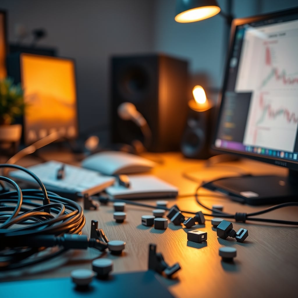A messy desk with magnetic cable clips adding to the visual clutter instead of solving it.