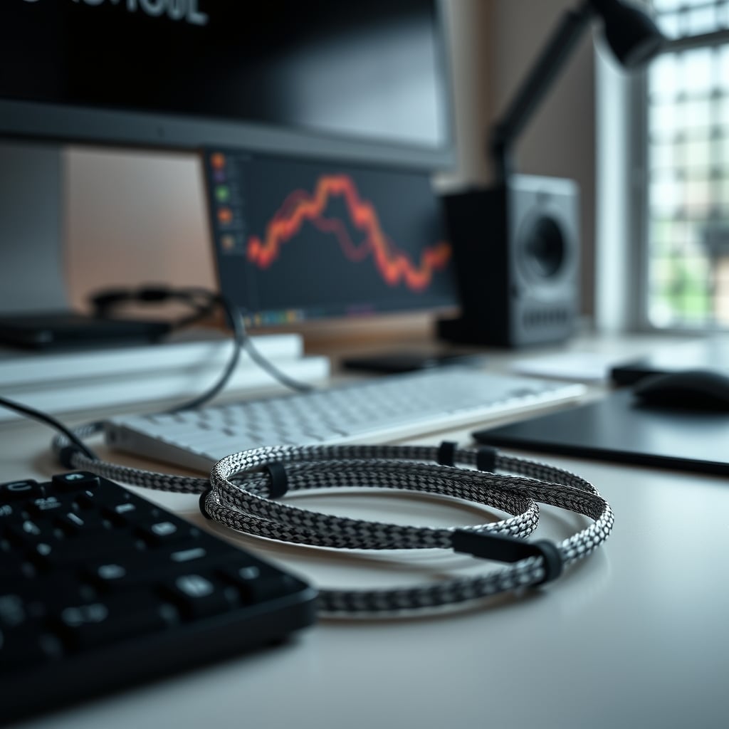 A clean, optimized desk using braided cable sleeves and simple silicone ties for permanent management.