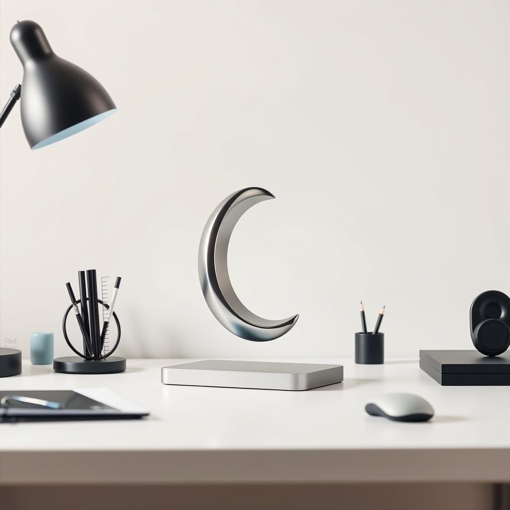 A sleek, expensive magnetic desk sculpture sitting alone, highlighting its minimalist design