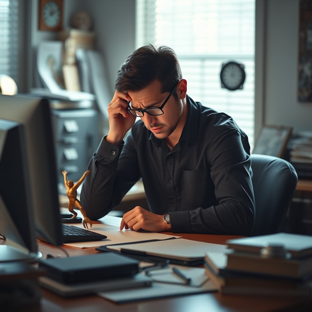 A person looking stressed at a desk, with an expensive magnetic sculpture pushed aside and ignored