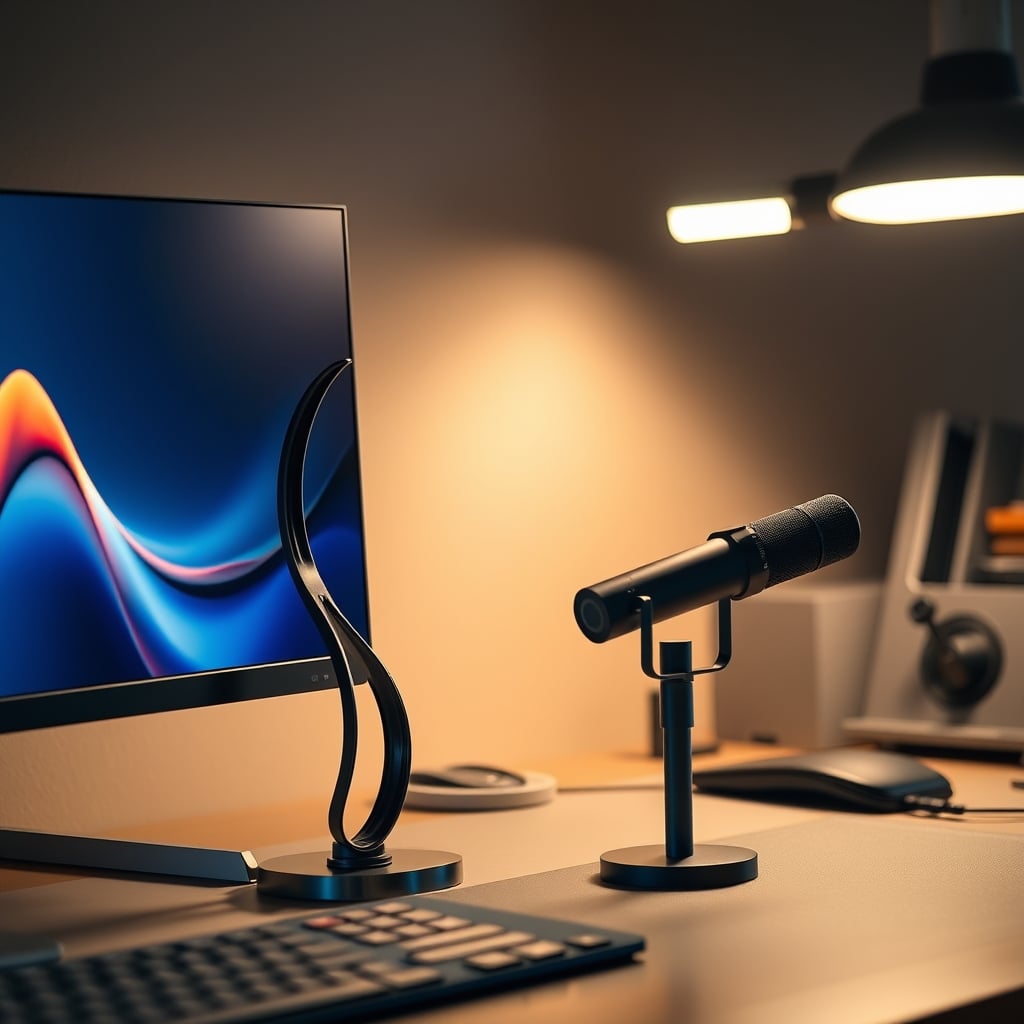 A magnetic sculpture next to useful desk tools like a monitor light bar and a microphone
