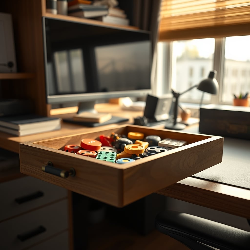 A organized desk drawer with simple fidget tools kept out of sight until needed