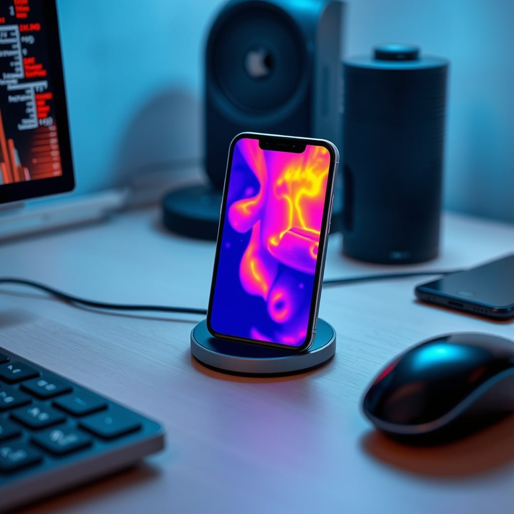 Thermal imaging showing intense heat on an iPhone from a wireless charging hub.