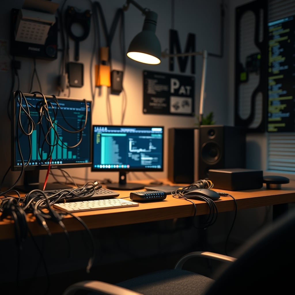 Side-by-side comparison of a messy desk with separate cables and a clean desk with one charging hub.