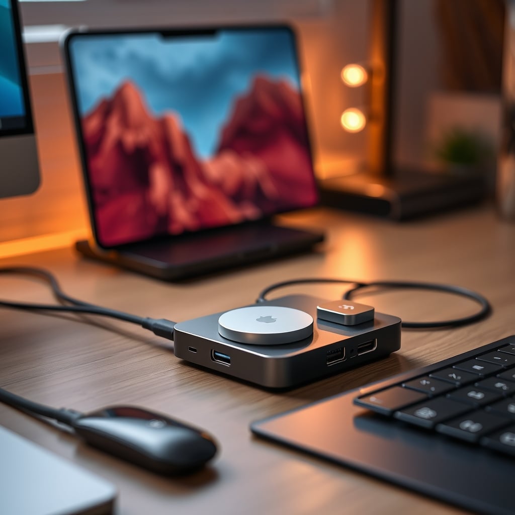 A tactical desk setup with a USB-C hub and a separate MagSafe charger on a flexible arm.