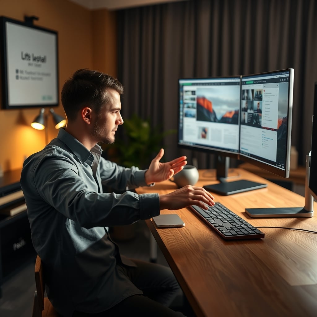 Hands testing a standing desk for lateral sway by pushing the desktop edge
