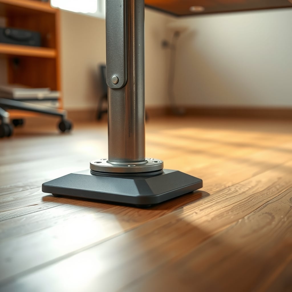 Close-up of an adjustable leveling foot beneath a metal standing desk leg
